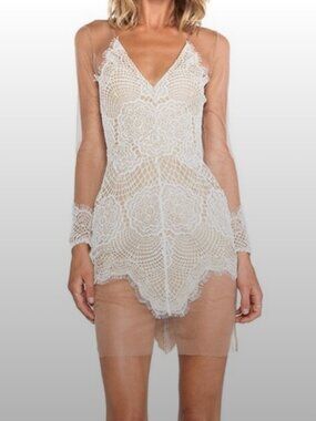 For Love & Lemons Antigua Mesh Lace Illusion Mini Dress XS Nude Ivory